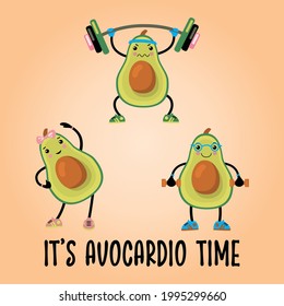 vector illustration of sportif avocados theme. eat health and be fit. it's avocardio time slogan.