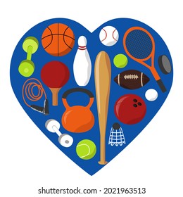 vector illustration - sporting goods, sports items - balls, rackets, dumbbells, jump ropes, bats. trend illustration in flat style