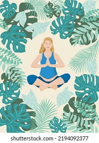 Vector illustration of sportive pregnant blonde women in lotus position with namaste hands. Realistic people illustration practicing yoga. Flat young woman. Front view girl, Side view girl, Back side