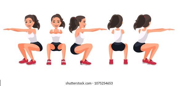 Vector illustration of sportive squatting woman in sportswear isolated. Cartoon realistic people illustration. Flat young woman. Front view girl, Side view ,Back side view , Isometric. Squats exercise