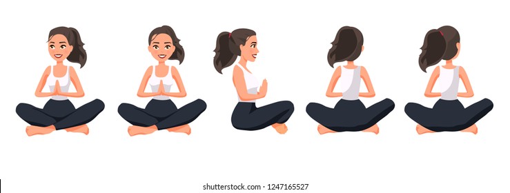 Vector illustration of sportive women in lotus position with namaste hands. Cartoon realistic people illustration practicing yoga. Flat young woman. Front view girl, Side view girl, Back side view.