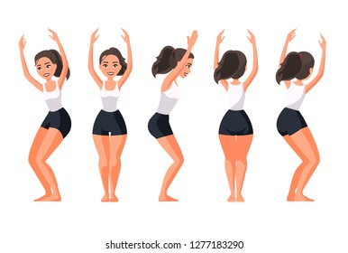 Vector illustration of sportive women in utkatasana chair pose with hands up. Cartoon realistic people illustration practicing yoga. Flat young woman. Front view girl, Side view, Back side view.