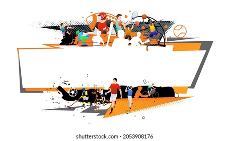 Vector illustration of sports abstract background design with sport players in different activities. football, basketball, baseball, badminton, tennis, rugby, bicycling