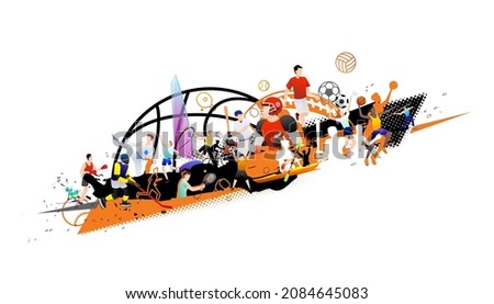 Vector illustration of sports abstract background design with sport players in different activities. football, basketball, baseball, badminton, tennis, rugby, bicycling
