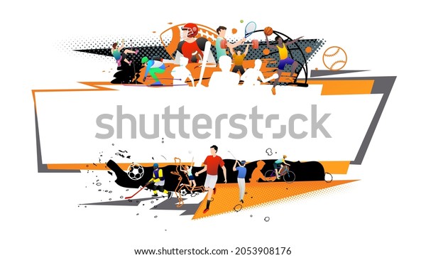 Vector illustration\
of sports abstract background design with sport players in\
different activities. football, basketball, baseball, badminton,\
tennis, rugby,\
bicycling