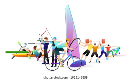 Vector illustration of sports background design with sport players in different activities. archery, bicycle, skiing, sailing yacht, weight lifting