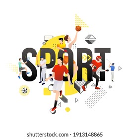 Vector illustration of sports background design with sport players in different activities. football, rugby, golf, badminton, basketball, baseball