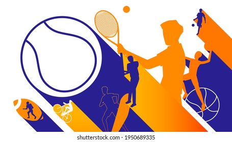 Vector illustration of sports background design with sport players in different activities. football, tennis, basketball, running, rugby 
