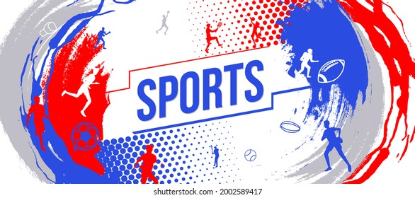 Vector illustration of sports background design with sport players in different activities. football, basketball, running , baseball, rugby