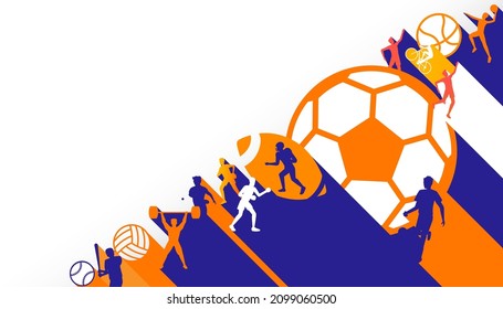 Vector illustration of sports background design with sport players in different activities and space blank for text. football, hockey, volleyball, running, rugby, badminton, skiing, sailing yacht