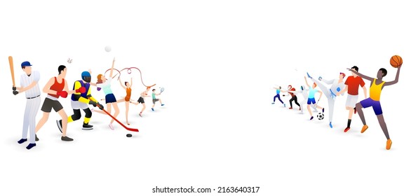 Vector illustration of sports background design with sport players in different activities. football, hockey, volleyball, running, rugby 