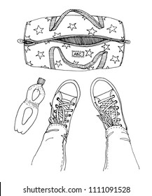 Vector illustration of sports bag, bottle of water and legs in sports shoes, gumshoes. Black and white sketch. View from above
