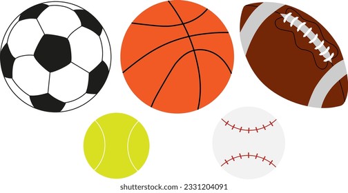 Ilustración vectorial de bolas deportivas. Baloncesto de vectores, baloncesto, rugby, pelota de tenis y béisbol