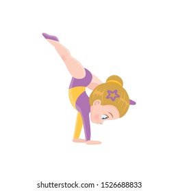 vector illustration of sports blond gymnast performing difficult trick at international rhythmic gymnastics competitions in multi-colored leotard and ballet shoes with a hairstyle, sticker for print 