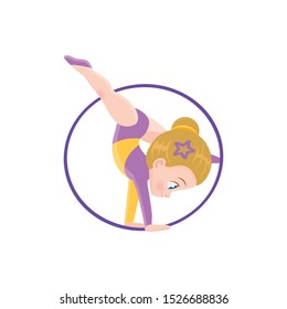 vector illustration of a sports blond gymnast performing a difficult trick with hoop at the international competitions in rhythmic gymnastics in a multi-colored leotard and ballet shoes eps 10 sweet
