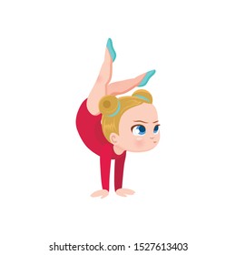 vector illustration of sports blond gymnast performing difficult trick at international rhythmic gymnastics competitions in multi-colored leotard and ballet shoes with a hairstyle, sticker for print 