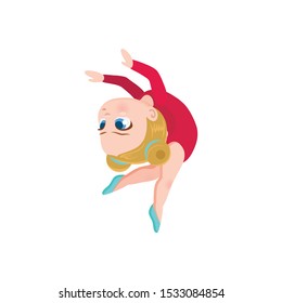 vector illustration of sports blond gymnast performing difficult trick at international rhythmic gymnastics competitions in multi-colored leotard and ballet shoes with a hairstyle, sticker for print 
