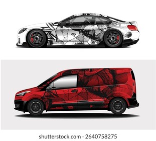 Vector illustration of a sports car and van with abstract black and white and red and black graphic designs.
