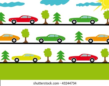 Vector illustration of sports cars on the roads in forest.