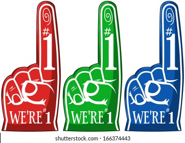 A vector illustration of a sports cheering pointing finger in three different colors. 
