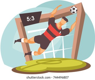 Vector illustration of a sports emblem isolated on a white background a football goalkeeper catches a ball in a jump on the gate