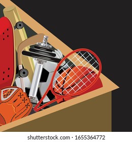 Vector illustration of sports equipment in a box. Can be used for poster or background templates