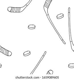 Vector illustration sports equipment. Contour style. For print, design, back surface, textile, packaging, canvas. Hand drawn vector illustration. Seamless pattern. For children and adults.