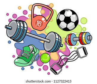 Vector illustration of sports equipment on colored background