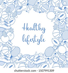 Vector illustration with sports equipment for playing american football, basketball, table tennis, tennis, badminton. Sport Healthy lifestyle. Design for websites, print