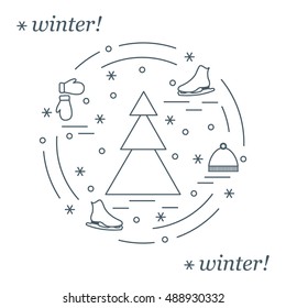 Vector illustration for sports figure skating arranged in a circle. Including icons of skates, gloves, hat, spruce. Winter elements made in line style. 