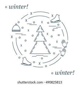 Vector illustration for sports figure skating arranged in a circle. Including icons of skates, gloves, hat, spruce. Winter elements made in line style. 