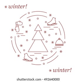 Vector illustration for sports figure skating arranged in a circle. Including icons of skates, gloves, hat, spruce. Winter elements made in line style. 