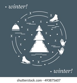 Vector illustration for sports figure skating arranged in a circle. Including icons of skates, gloves, hat, spruce. 
