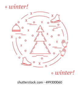 Vector illustration for sports figure skating arranged in a circle. Including icons of skates, gloves, hat, spruce. Winter elements made in line style. 