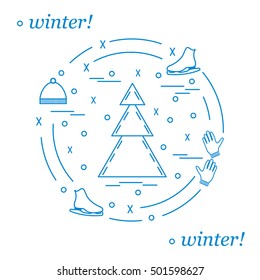 Vector illustration for sports figure skating arranged in a circle. Including icons of skates, gloves, hat, spruce. Winter elements made in line style. 