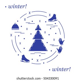 Vector illustration for sports figure skating arranged in a circle. Including icons of skates, gloves, hat, spruce. 