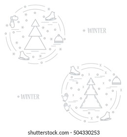 Vector illustration for sports figure skating arranged in a circle. Including icons of skates, gloves, hat, spruce. Winter elements made in line style. 