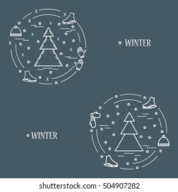 Vector illustration for sports figure skating arranged in a circle. Including icons of skates, gloves, hat, spruce. Winter elements made in line style. 