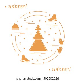 Vector illustration for sports figure skating arranged in a circle. Including icons of skates, gloves, hat, spruce. 
