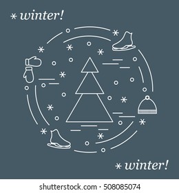 Vector illustration for sports figure skating arranged in a circle. Including icons of skates, gloves, hat, spruce. Winter elements made in line style. 