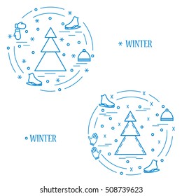 Vector illustration for sports figure skating arranged in a circle. Including icons of skates, gloves, hat, spruce. Winter elements made in line style. 