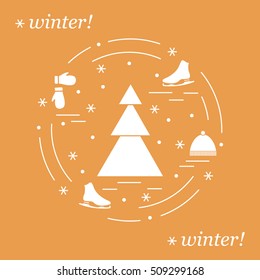 Vector illustration for sports figure skating arranged in a circle. Including icons of skates, gloves, hat, spruce. 
