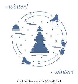 Vector illustration for sports figure skating arranged in a circle. Including icons of skates, gloves, hat, spruce. 