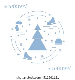 Vector illustration for sports figure skating arranged in a circle. Including icons of skates, gloves, hat, spruce. 