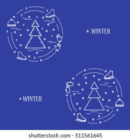 Vector illustration for sports figure skating arranged in a circle. Including icons of skates, gloves, hat, spruce. Winter elements made in line style. 