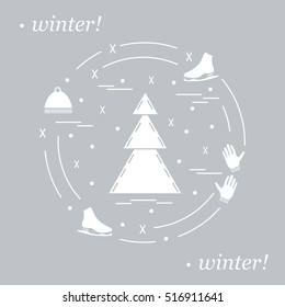 Vector illustration for sports figure skating arranged in a circle. Including icons of skates, gloves, hat, spruce. 