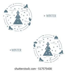 Vector illustration for sports figure skating arranged in a circle. Including icons of skates, gloves, hat, spruce. 