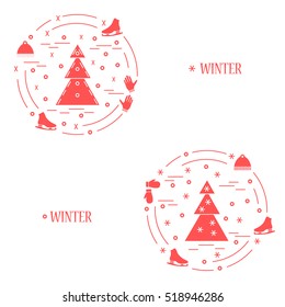 Vector illustration for sports figure skating arranged in a circle. Including icons of skates, gloves, hat, spruce. 