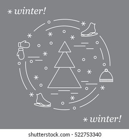 Vector illustration for sports figure skating arranged in a circle. Including icons of skates, gloves, hat, spruce. Winter elements made in line style. 