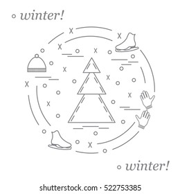 Vector illustration for sports figure skating arranged in a circle. Including icons of skates, gloves, hat, spruce. Winter elements made in line style. 